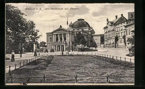AK Halle a. S., Alte Promenade mit Theater