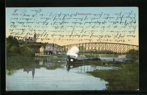AK Halle a. Saale, Flusspartie mit Brücke und Dampfer