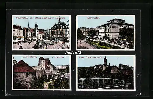 AK Haale a. S., Marktplatz mit altem und neuen Rathaus, Universität, Burg Giebichstein