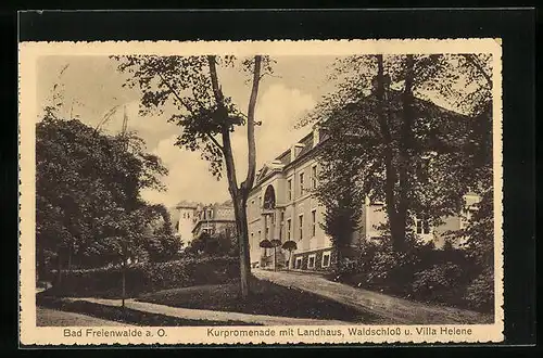 AK Bad Freienwalde a. O., Kurpromenade mit Landhaus, Waldschloss und Villa Helene