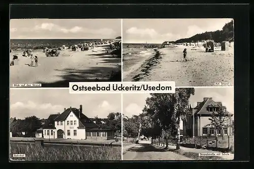 AK Ückeritz /Usedom, Blick auf den Strand, Bahnhof und Strandstrasse mit Schule