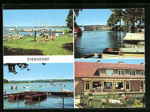 AK Diensdorf, Am Scharmützelsee mit Badegästen und Booten