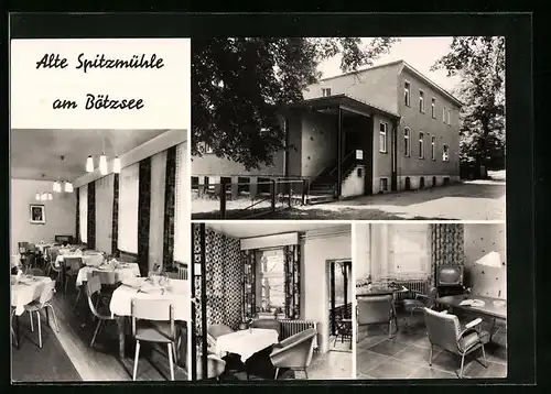 AK Strausberg, Alte Spitzmühle am Bötzsee mit Innenansicht des Restaurants
