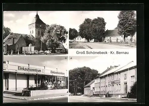 AK Gross Schönebeck, Dorfkirche, Ernst-Thälmann-Strasse und Einkaufszentrum