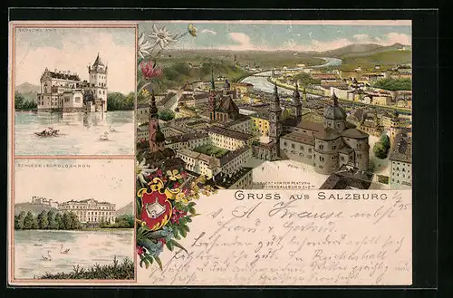 Vorläufer-Lithographie Salzburg, 1895, Schloss Anif u. Leopoldskron, Totalansicht