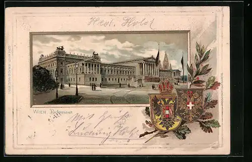 Lithographie Wien, Parlament, Wappen und Eichenlaub