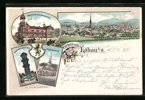 Lithographie Löbau, Restaurant Honigbrunnen, Siegesdenkmal, Panorama