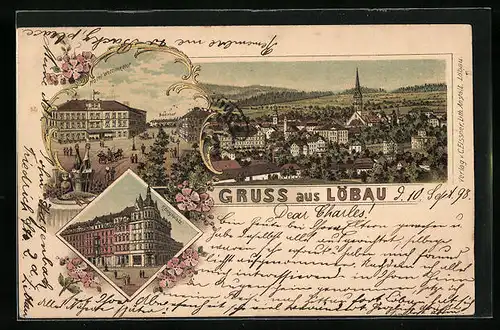 Lithographie Löbau, Hotel Wettiner Hof mit Bahnhof, Königsplatz, Totalansicht