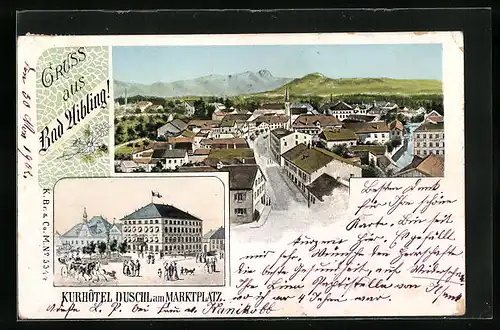 Künstler-AK Bad Aibling, Kurhotel Duschl am Marktplatz, Totalansicht