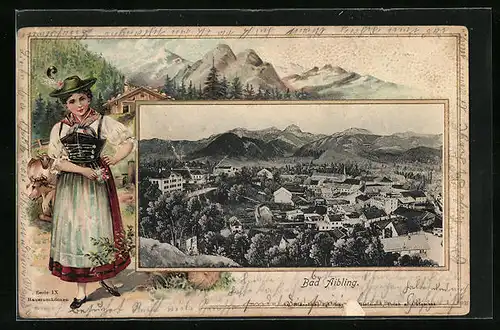 Passepartout-AK Bad Aibling, Totalansicht mit Bergpanorama, Bauernmädchen