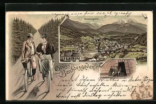 Lithographie Berchtesgaden, Einfahrt in den Ferdinandberg, Totalansicht, Fahrradfahrer