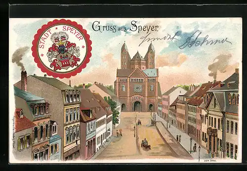 Lithographie Speyer, Strassenpartie mit Kirche