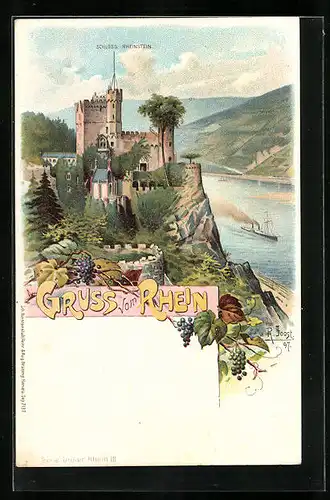 Lithographie Schloss Rheinstein mit Rheinblick und Dampfer