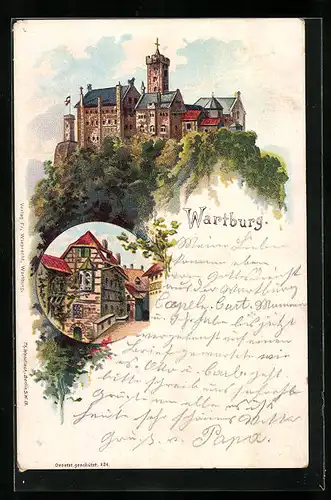 Lithographie Wartburg, Burg und Ansicht des Bughofes
