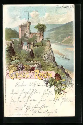 Lithographie Schloss Rheinstein mit Blick auf den Rhein