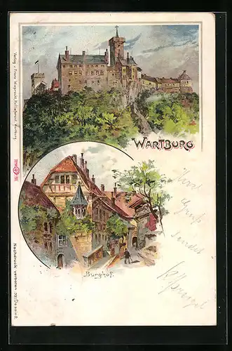 Lithographie Wartburg, Burg und Partie im Burghof