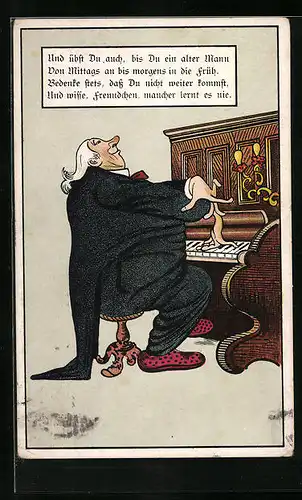 Künstler-AK Karikatur eines vergeblich übenden Klavierspielers in Pantoffeln