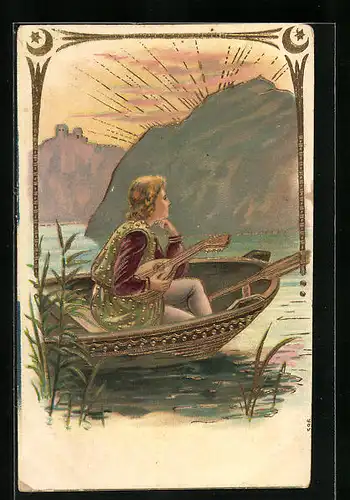 Präge-AK Jüngling mit Mandoline betrachtet den Sonnenuntergang in einem Boot