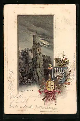 Passepartout-Lithographie Schloss Lichtenstein im Mondlicht, Wappen