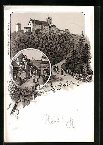 Lithographie Wartburg, Ortsansicht aus der Ferne