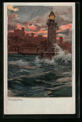 Künstler-AK Zeno Diemer: Desenzano, Leuchtturm bei stürmischem See