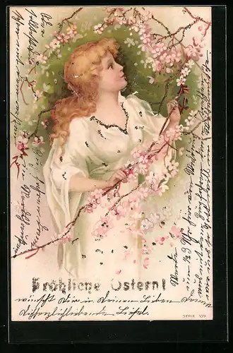 AK Dame am blühenden Baum, Jugendstil