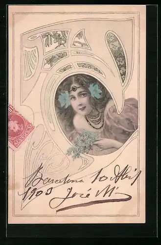 AK Dame mit Blumenstrauss, Jugendstil