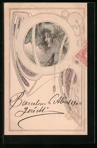 AK Dame mit Kopfschmuck im Profil, Jugendstil