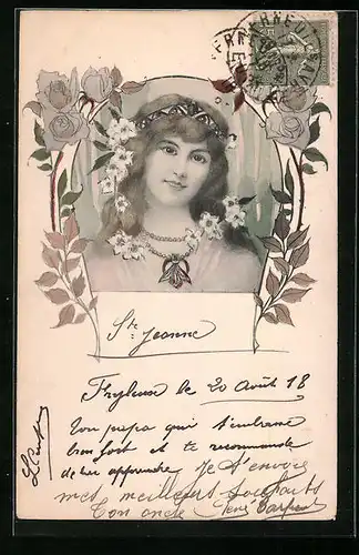 AK Dame mit Halskette und Blumen, Jugendstil