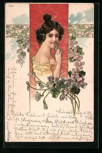 Künstler-AK Junge Frau mit Blütengirlande, Jugendstil