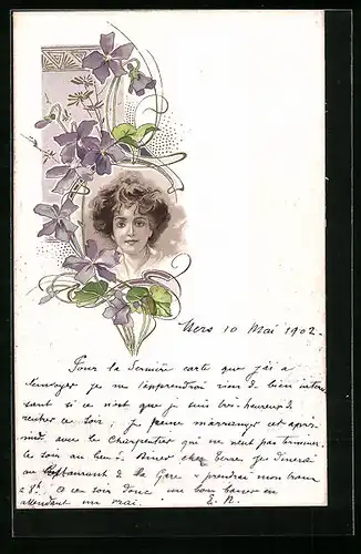 Künstler-AK Frauenportrait mit violetten Blüten, Jugendstil
