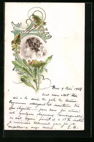 Künstler-AK Frauenportrait mit floraler Verzierung, Jugendstil