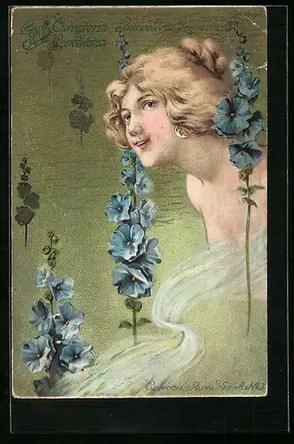Künstler-AK Barcelona, Frauenportrait mit blauen Blüten, Jugendstil