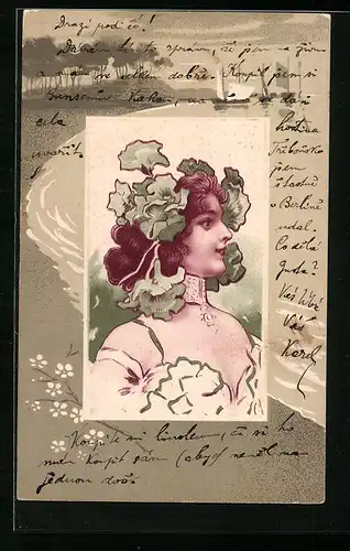 Künstler-AK Blütengeschmückte junge Frau, Jugendstil