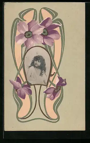 Präge-AK Mädchenportrait in floraler Ornamentik, Jugendstil