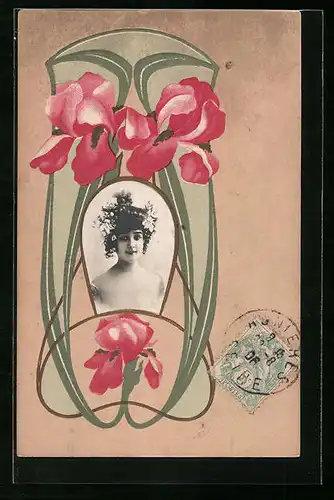 Präge-AK Frauenportrait in floraler Ornamentik, Jugendstil