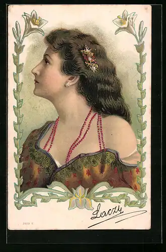Präge-AK Frauenportrait in floraler Ornamentik, Jugendstil