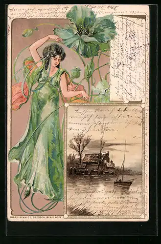 Präge-AK Junge Frau mit blauen Riesenblüten, Segelboot im Wasser, Jugendstil