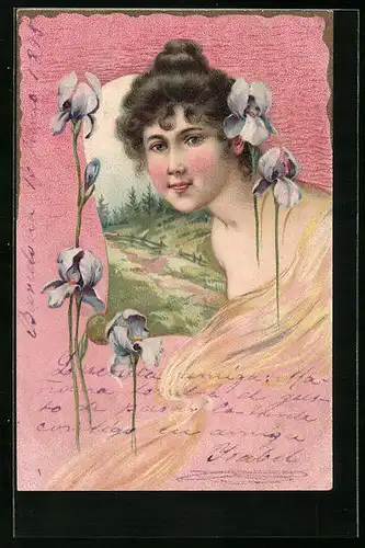 Künstler-AK Junge Frau mit Blumen vor Landschaftsbildchen, Jugendstil