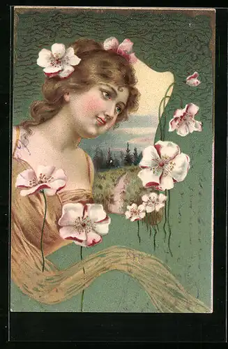 Künstler-AK Junge Frau mit Blumen vor Landschaftsbild mit Nadelbäumen, Jugendstil