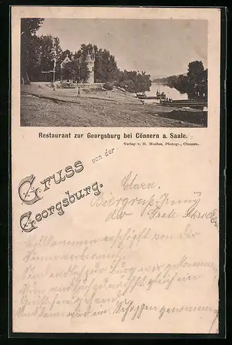 Vorläufer-AK Cönnern a. Saale, Restaurant zur Georgsburg mit Flusspartie, 1892