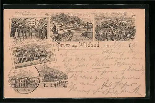 Lithographie Wildbad, Hotel Bellevue, Kgl. Badhotel am Kurplatz, Trinkhalle