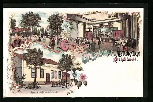 Lithographie Kirchditmold / Kassel, Restaurant Gebhardt mit Bühne und Garten