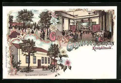 Lithographie Kirchditmold / Kassel, Gebhardts Restaurant mit Garten und Saal