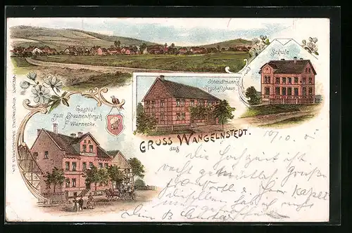 Lithographie Wangelnstedt, Gasthof zum Braunen Hirsch, Schmidtmanns Geschäftshaus