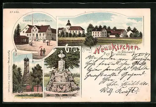 Lithographie Neunkirchen /Odenwald, Gasthof z. grünen Baum, Kaiserturm, Panorama