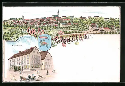 Lithographie Grünberg i. H., Gasthof z. Hirsch, Panorama