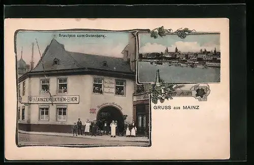 AK Mainz, Gasthaus Brauhaus zum Gutenberg, Totalansicht