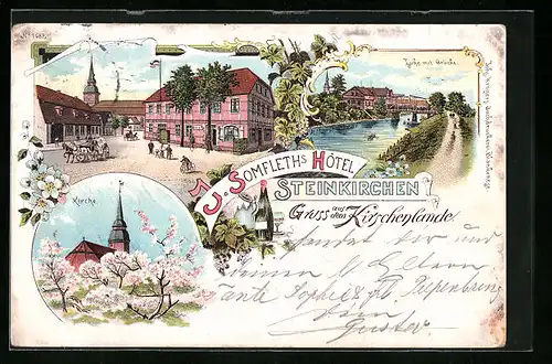 Lithographie Steinkirchen, J. Somfleth`s Hotel, Lühe mit Brücke