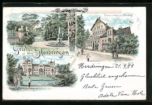 Lithographie Herdringen, Pension u. Hotel zum Effenberg, Schloss